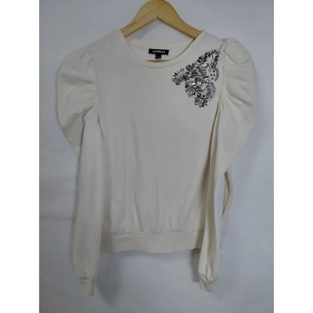 Express Puff Sleeve Rhinestone Beaded Shoulder Knit Sweater Women Size S